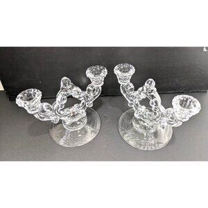 Vintage Clear Glass Double Candle Holders Set